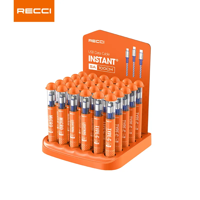 Recci N37 Tube package design display USB data cable 5A fast charging Micro Type C in retail stores shops for iPhone and Android