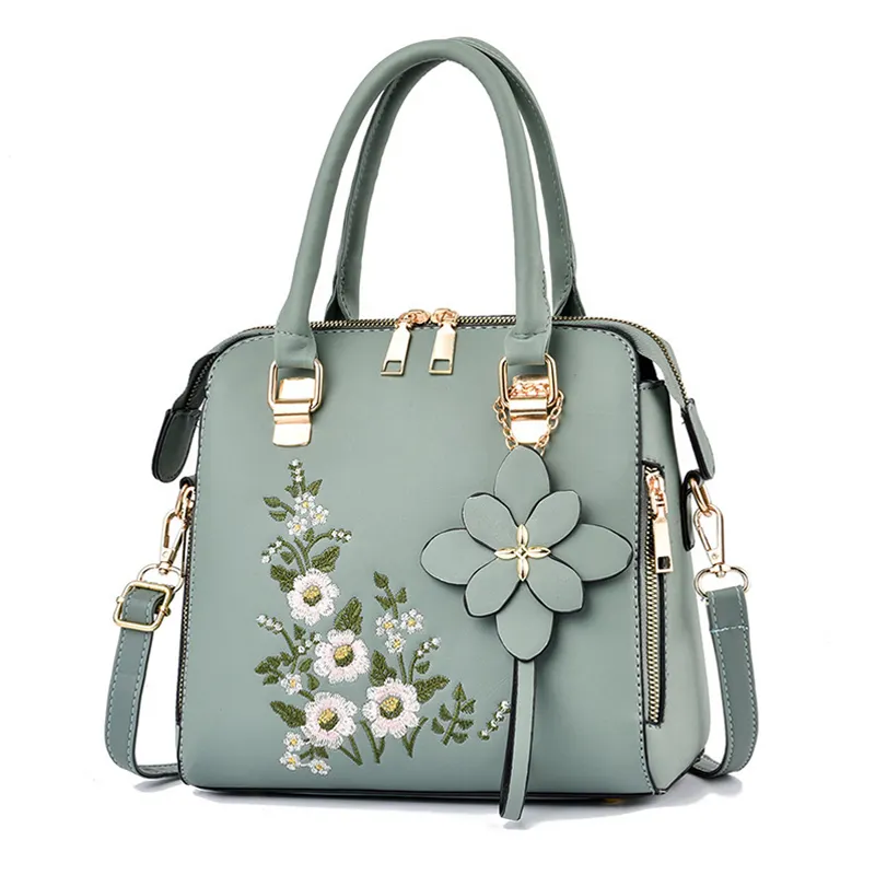 Fashion Ladies Shoulder Pack, Blue Floral Embroidery Handbags Designs Leather Womens Hand Bags/