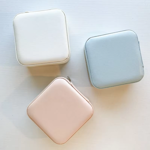 Square Jewelry Storage <b>Box</b> with Zipper Closure in White <b>Pink</b> and Blue Colors Simple Portable Case for Earrings Rings Necklaces - Product Image 1