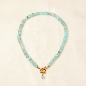 Collana Artigianale con Perle di Acquamarina e Chiusura a Scatto Placcata in Oro Vero, Gioielli Estivi da Spiaggia in Acciaio al Titanio - Product Image 1