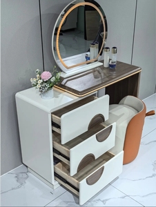 Wooden <b>Makeup</b> Vanity Table Set Round <b>LED</b> Illuminated <b>Mirror</b> Extendable Dresser With Storage Drawers Cushioned Stool For Bedroom - Product Image 3