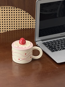 Strawberry Cake-Shaped Ceramic Coffee Mug with Lid, Cute Cream Piping Design, Girly Gift Set for Coffee, Tea, and Gifting - Product Image 5