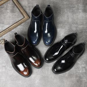 Botas de cuero para hombre Brook Embossed English Chelsea con cremalleras, botas cortas de cuero brillante, botas cálidas para invierno. - Product Image 1