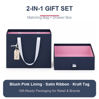 Boîte cadeau mate marine avec tiroir et sac de courses, ruban satiné blanc, doublure rose poudré, gaufrage, réutilisable, fournisseur en gros