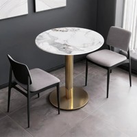 Table et chaises de bistrot rondes, plateau en pierre avec piétement en acier brossé pour café, bar et salle à manger – Ensemble de mobilier pour usage commercial