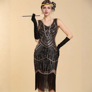 <span class=keywords><strong>Robe</strong></span> de soirée <span class=keywords><strong>vintage</strong></span> Gatsby <span class=keywords><strong>1920</strong></span>, taille plus, col rond, à franges, pour femme - Product Image 1