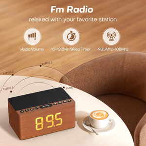 현대 나무 LED 알람 시계 스누즈 FM 라디오 빠른 무선 충전기 아이폰 갤럭시 5 레벨 조광기 USB MDF 전자 배터리 - Product Image 5