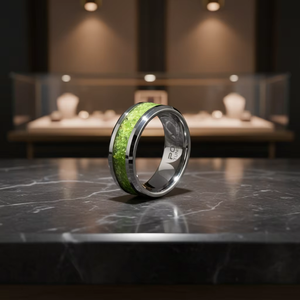 Anelli Nuziali POYA 8mm in Argento per Fidanzamento e Anniversario, Anello in Tungsteno Smussato con Intarsio di Olivina, Vestibilità Confortevole - Product Image 2