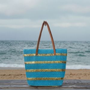 Sac fourre-tout de luxe rayé doré, grande capacité, en paille, pour l'été, les voyages en extérieur et la plage - Product Image 5