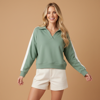 Sweat-shirt polo personnalisé pour femme, col en V, manches contrastées à rayures, épaules tombantes, coupe décontractée