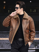 Veste en cuir véritable pour homme, marron, style bomber, fermeture éclair sur le devant, poignets côtelés, col en laine beige