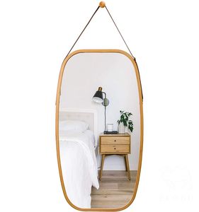 Espejo de baño Espejo de cuerpo entero Montaje en pared Marco de bambú con correa colgante ajustable - Product Image 1