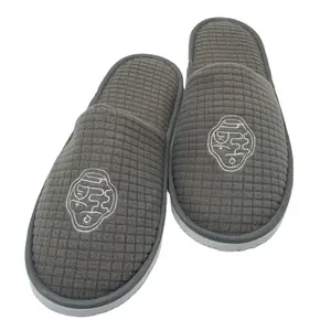 Grey Polar Fleece Comfortable Disposable Closed Toe Home And Hotel Slippers with Custom Embroidered Logo