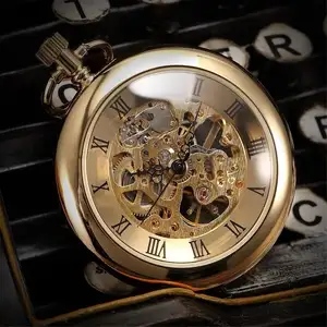 personalizado relógio de bolso do vintage Suppliers-Relógio de bolso retrô, relógio esqueleto de bronze personalizado, rosto aberto, mão, vento, corrente, unissex, dourado