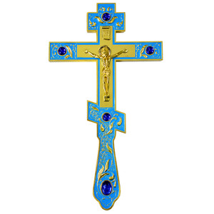 Cruz Ortodoxa de Esmalte Azul de 26.5cm, Crucifijo Bizantino de Aleación de Zinc en Tono Dorado con Piedras Preciosas Azules Intensas, Regalo Religioso - Product Image 1