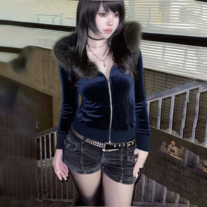 Velvet Rhinestone Zip-Up Sweatshirt with <b>Fur</b> Collar, Women Casual Fashion Outerwear, Trendy Streetwear Jacket - Product Image 1