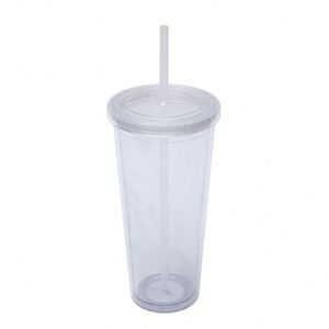 Clear <b>Reusable</b> 24Oz Large Double Wall <b>Plastic</b> Travel Tumblers With Colored Lids and Straws - Product Image 4