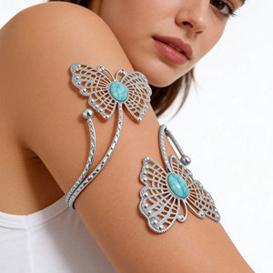 Gold Plated Butterfly <b>Cuff</b> Bracelets With Turquoise Stone Women's Bohemia Style Statement <b>Arm</b> Jewelry - Product Image 2