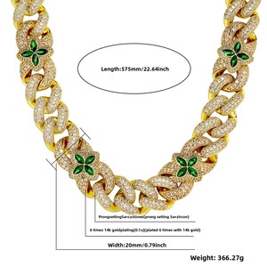 สร้อยคอฮิปฮอป 20 มม. จี้รูปใบโคลเวอร์สี่แฉกประดับพลอยสีเขียว สร้อยคอแบบปรับได้ ชุบทองบนทองแดง - Product Image 4