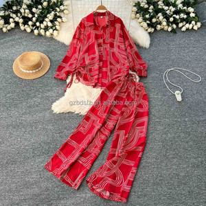 Factory Wholesale Ladies Casual Suit Bandage Top and High Waist Printed Pants Suit Jogging <strong>Wear</strong> Wholesale - Product Image 3