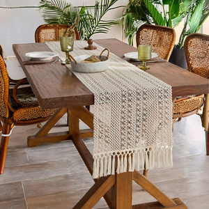 Chemin de table moderne en coton et lin tissé à rayures, style bohème, avec pompons, pour la maison et l'hôtellerie - Product Image 2