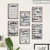 Panneau métallique vintage « Laver, Sécher, Plier, Répéter » avec décor de lave-linge et corde à linge pour buanderie