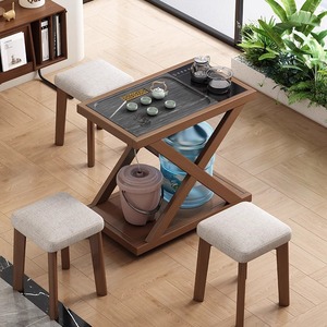 Solid Wood Tea <b>Table</b> With Kettle Integrated <b>Coffee</b> <b>Table</b> For Balcony Or Office Natural Wood Color - Product Image 2