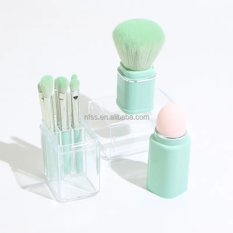 Cheap Travel Size Price Blue Cake Shape Synthetic Hair Cosmetic Makeup Brush With Clear Acrylic Plastic Belt Crayon Case