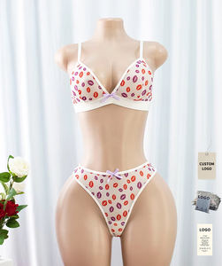 Bestseller Bademode Transparenter Tiefer V-Ausschnitt BH Slip Sexy Babydoll Outfits Unterwäsche Lippen-Bedruckter Bikini 2-teiliges Dessous-Set - Product Image 1