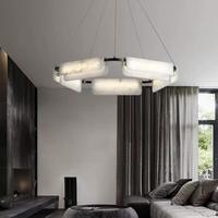 Suspension minimaliste multi-têtes réglable en hauteur, avec anneau et pendentif central en marbre, pour salle à manger et restaurant, en albâtre naturel et cuivre