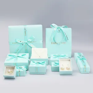 Factory direct green turquoise paper jewelry bag jewellery pack box with ribbon bow custom logo
