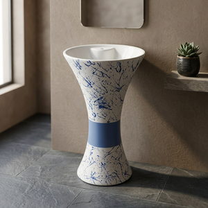 Ensemble de lavabo Wudu monobloc en céramique Kolan, carré, jaune et blanc, à poser sur socle, pour centre commercial - Product Image 3