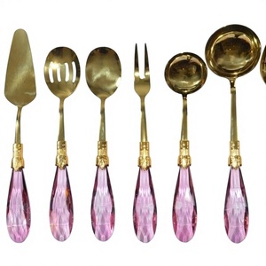 Stainless Steel Gold Flatware <b>Sets</b> With Pink Resin handles Customizable Designs Food Grade Luxury Cutleries For Wedding Decor - Product Image 1