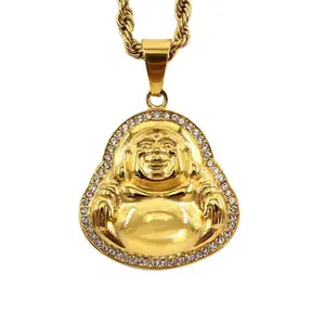 Gesicht Buddha Kopf Anhänger Halskette Edelstahl Glücklicher männlicher Charme 18 Karat 24 Karat Gold PVD plattiert Thai Buddhismus CZ Zirkon Stein kristall