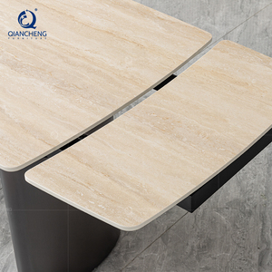 Meubles de salle à manger de luxe modernes, <span class=keywords><strong>table</strong></span> à manger rectangulaire multifonctionnelle télescopique avec pieds en métal noir, plateau en pierre - Product Image 4