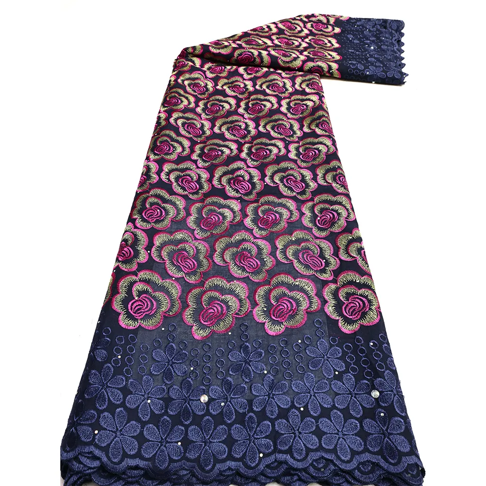NI.AI Tissu de luxe en dentelle florale bleue Dentelle strass en coton Tissu de voile suisse Tissu de dentelle brodée