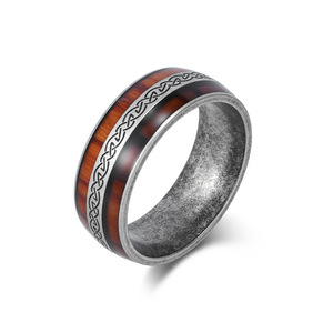 Men's <b>Titanium</b> Steel <b>Ring</b> With Wood Inlay Celtic Knot Design Antique Silver Finish Everyday Wear Jewelry - Product Image 1