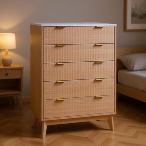 Commode moderne minimaliste à 5 tiroirs en bois de chêne clair, meuble de chambre à coucher autoportant - Product Image 2
