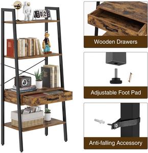 כפרי סולם תצוגת מדף עם מגירת עץ מדף ספרים 4 קומות נשען שירות ארגונית מדפי יד צבוע מתכת מסגרת - Product Image 4