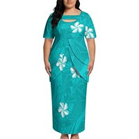 Ensemble 2 pièces Puletasi pour femmes, bleu et noir, imprimé tribal polynésien, haut à manches courtes, jupe longue maxi, tenue formelle insulaire