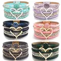 SOJI Multilayer Cuff Bracelet with Heart-shape Charm Bohemian Crystal Bracelet Leather Wrap Bracelet for Women Girls