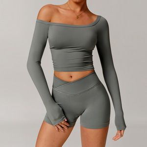 DCX5036 <span class=keywords><strong>T</strong></span>-<span class=keywords><strong>shirt</strong></span> à manches longues <span class=keywords><strong>de</strong></span> yoga pour <span class=keywords><strong>femme</strong></span> épaules dénudées brossé vêtements d'entraînement <span class=keywords><strong>de</strong></span> fitness - Product Image 6