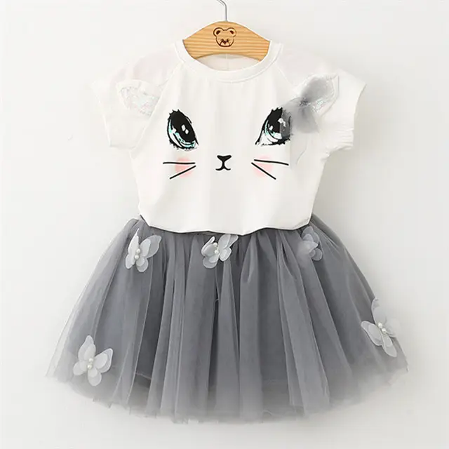 Новинка, Лидер продаж, серая футболка с милым рисунком кота для маленьких девочек и аксессуары с 3d бабочками, комплект из юбки и платья-пачки