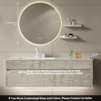 Meuble-lavabo flottant minimaliste en bois massif naturel avec vasque en pierre frittée sans joint, miroir LED intelligent