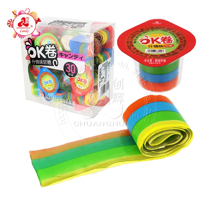 Colore arcobaleno OK Roll sour sweet Belt candy gummy roll jelly soft candy in cup