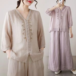 Women's Cotton <b>Linen</b> Two Piece <b>Set</b> V Neck Wide Leg Pants Casual Loose Fit Breathable Three Quarter Sleeve Top Outfit - Product Image 3