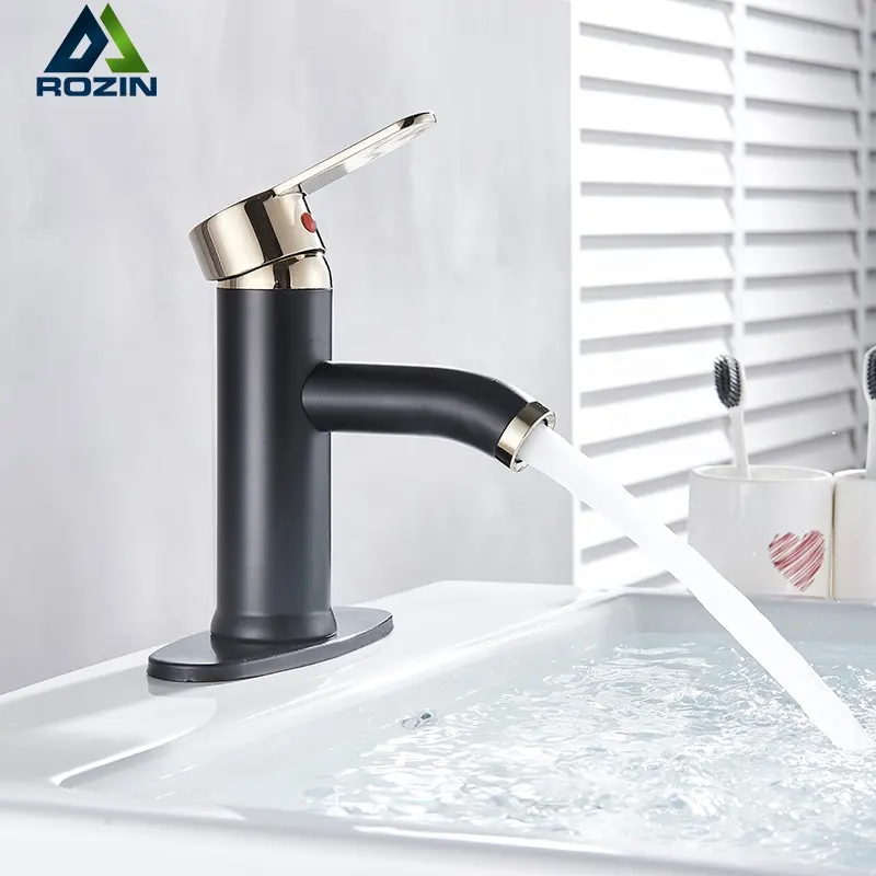 Deck Mount Black Gold Basin Faucet Modern Nordic Style Stainless Steel Bath Mixer Tap One Hole WashBasin Faucet with Plate Cover