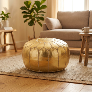 Housse de pouf dorée brodée style bohème faite à la main en daim à motif géométrique avec cordon de serrage personnalisable pour la maison - Product Image 5
