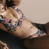 Trendy strandbikini met bloemenprint, diepe V-hals, tweedelig, op maat gemaakte elastische nylon microbikini
