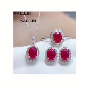 Conjunto de joyería de rubí natural, corte ovalado, collar de plata 925, anillo clásico, joyería fina para boda para mujer - Product Image 4